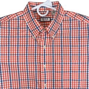 IZOD Mens Orange Blue Plaid Short Sleeve Button Down Shirt Large EUC